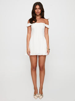 back view of model wearing Princess Polly Rosebud Broiderie Off The Shoulder Mini Dress White V-Neck 