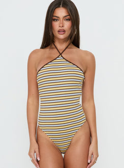 Showcasing the Aethoria Arrowneck Bodysuit Multi Stripe womens bodysuit with sleeveless design front view of model wearing Princess Polly
