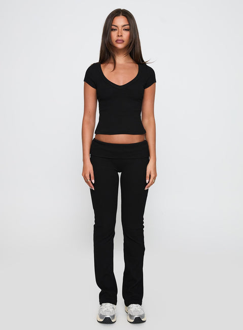 back view of model wearing Princess Polly Lovely Day V Neck Top Black Short Sleeves V-Neck 