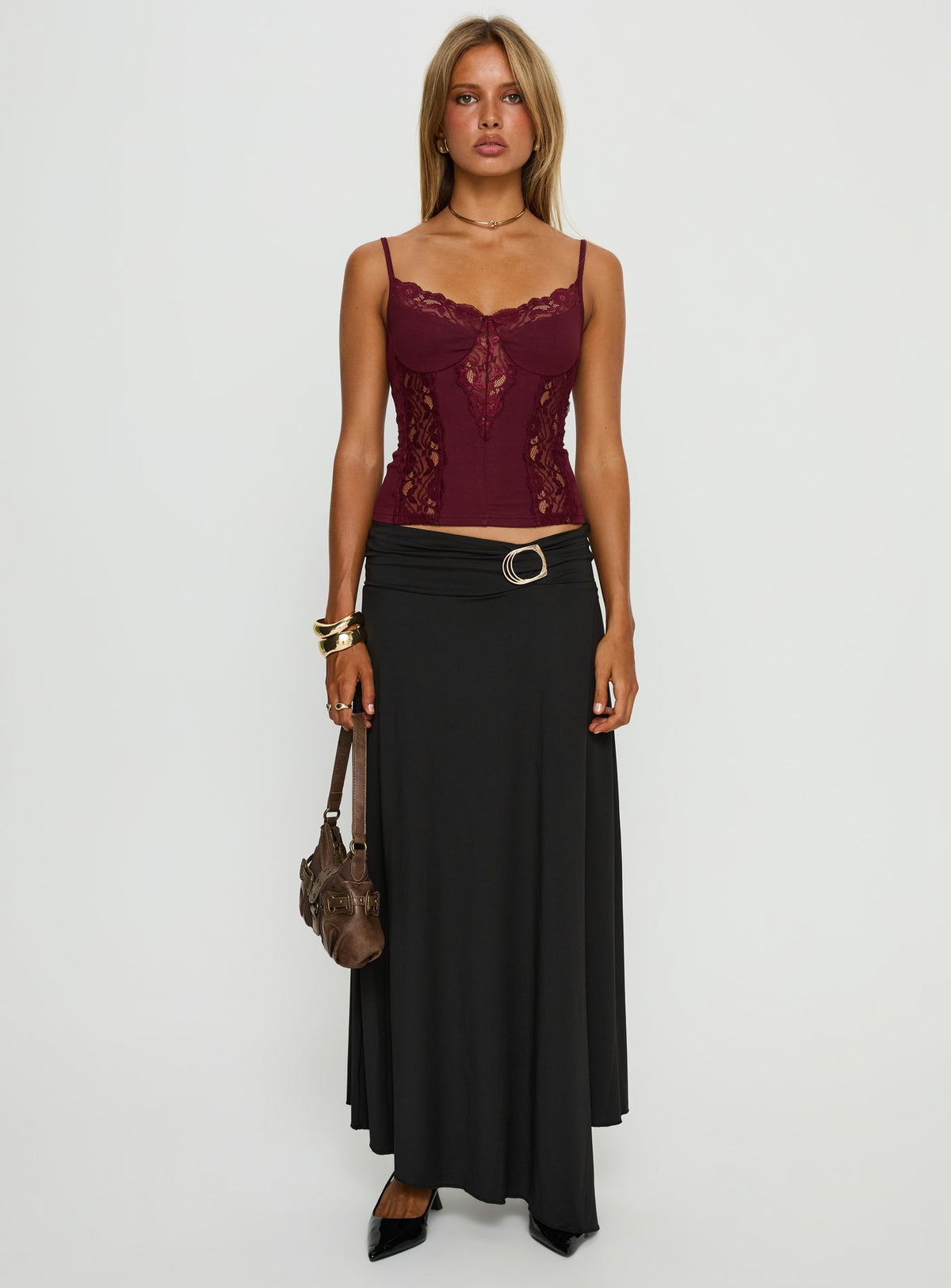   front view of model wearing Princess Polly Nola Hardware Slit Maxi Skirt Black Skirts 