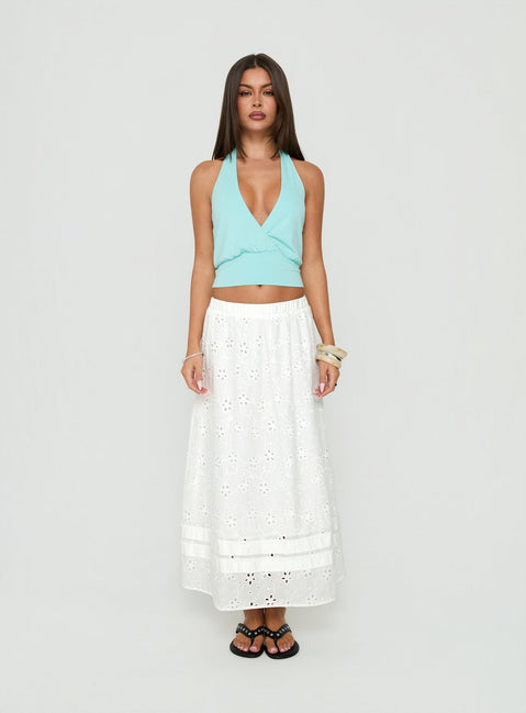 Explore the Isolie Tiered Maxi Skirt White Anglaise in womens-skirts with a relaxed fit and lace hem Princess Polly
