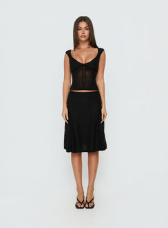 Introducing the Quani Lace Midi Skirt Black womens-skirts with fitted silhouette front view of model wearing Princess Polly