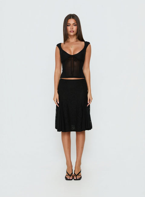 Introducing the Quani Lace Midi Skirt Black womens-skirts with fitted silhouette front view of model wearing Princess Polly