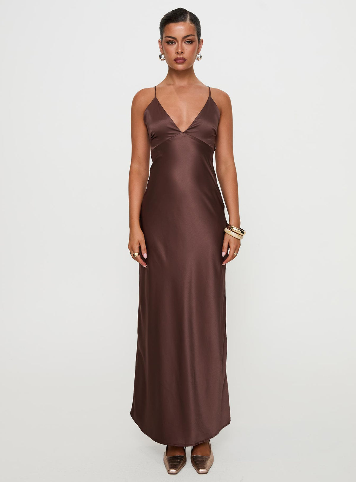 front view of model wearing Princess Polly Angels Only Maxi Dress Chocolate Plunger 