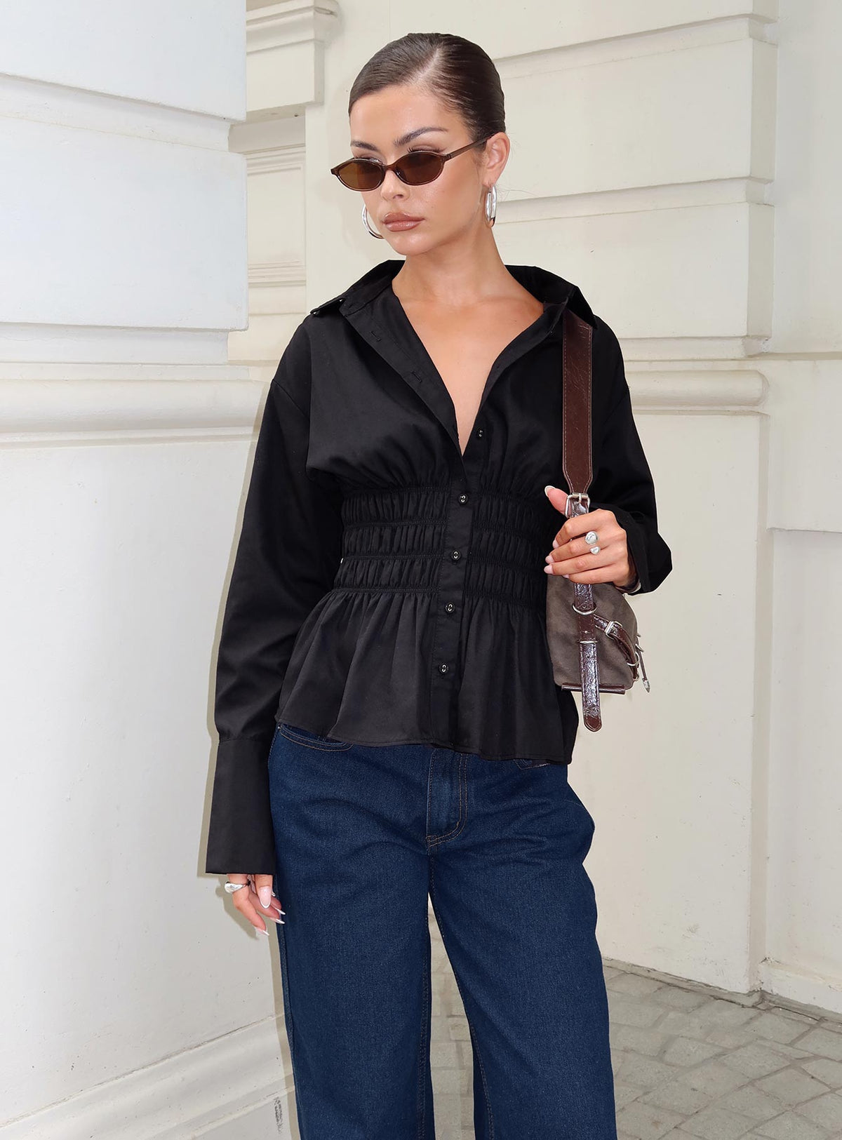 As You Are Shirred Button Up Top Black