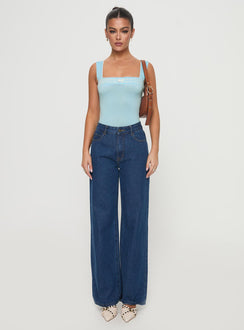 front view of model wearing Princess Polly Keating Bodysuit Baby Blue Sleeveless Bodysuit 