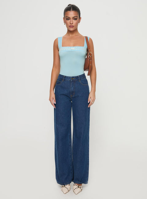 front view of model wearing Princess Polly Keating Bodysuit Baby Blue Sleeveless Bodysuit 