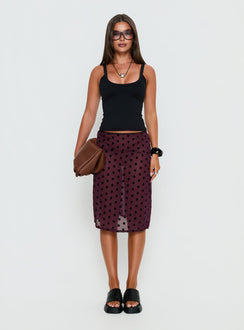   side view of model wearing Princess Polly Evani Sheer Chiffon Midi Skirt Polka Maroon Midi Skirts Skirts 