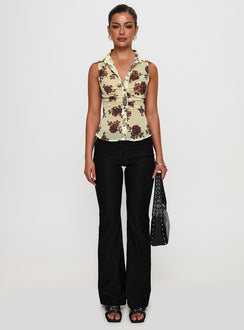 front view of model wearing Princess Polly Present Tense Sheer Ruched Top Yellow Floral Sleeveless V-Neck 