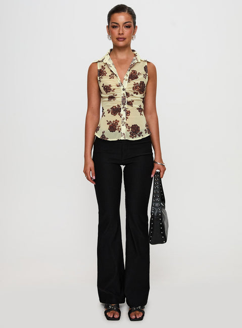 front view of model wearing Princess Polly Present Tense Sheer Ruched Top Yellow Floral Sleeveless V-Neck 