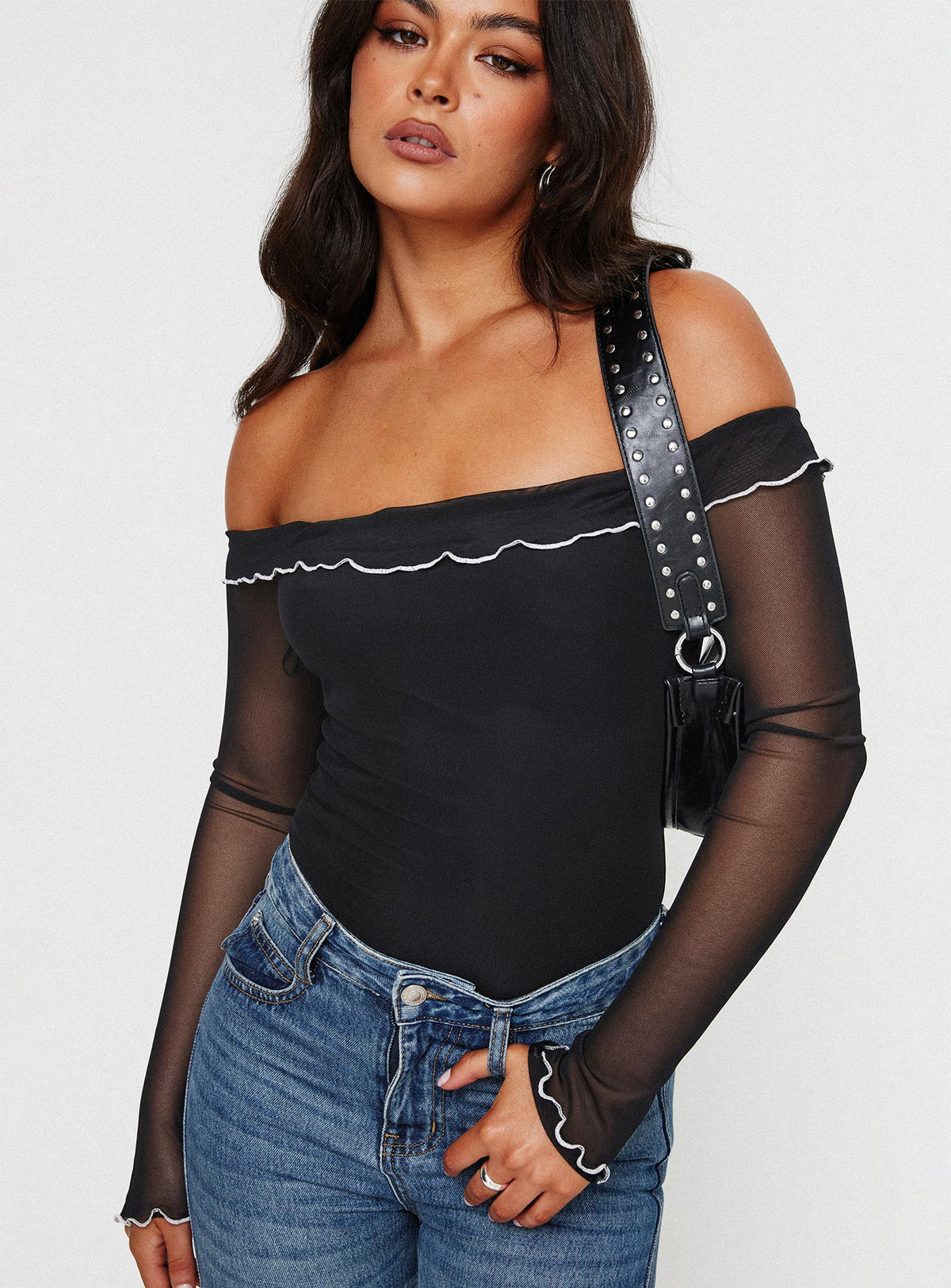front view of model wearing Princess Polly Arsema Off The Shoulder Bodysuit Black Long Sleeve Tops Bodysuit 