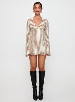 front view of model wearing Princess Polly The Good Life Mini Dress Brown / White Stripe Plunger 