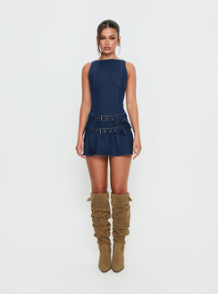 Kainer Denim Buckle Mini Dress Dark Blue Wash