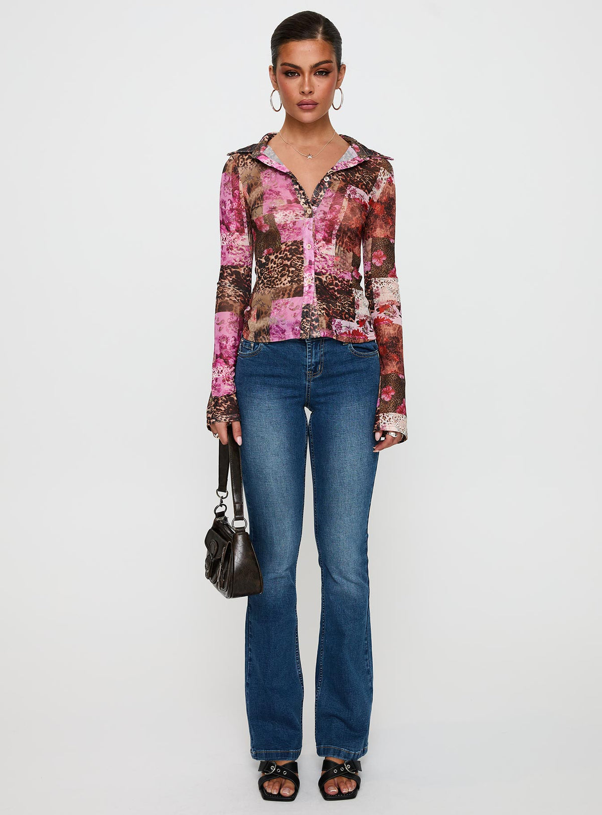 back view of model wearing Princess Polly Maribou Long Sleeve Top Multi Full Sleeves V-Neck 