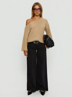 Featuring the Delyn Off Shoulder Slouchy Knit Sweater Camel womens jumper with short length front view of model wearing Princess Polly