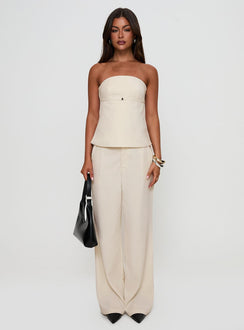 front view of model wearing Princess Polly Irresistible Wide Leg Pant Cream Petite High Rise Pants Pants 
