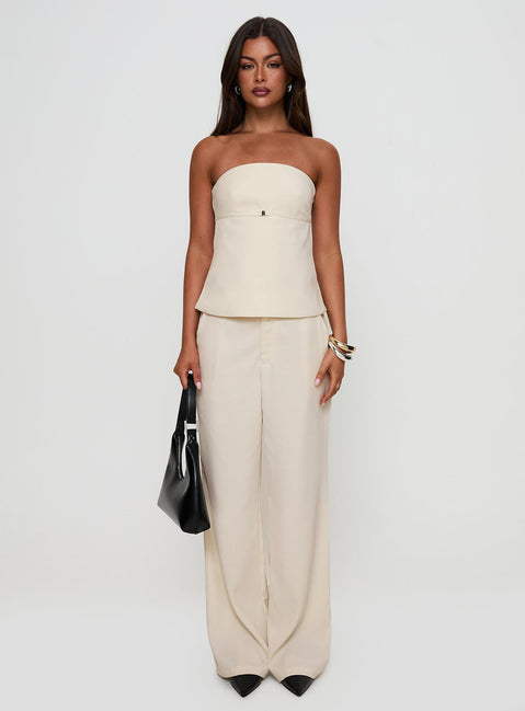 front view of model wearing Princess Polly Irresistible Wide Leg Pant Cream Petite High Rise Pants Pants 