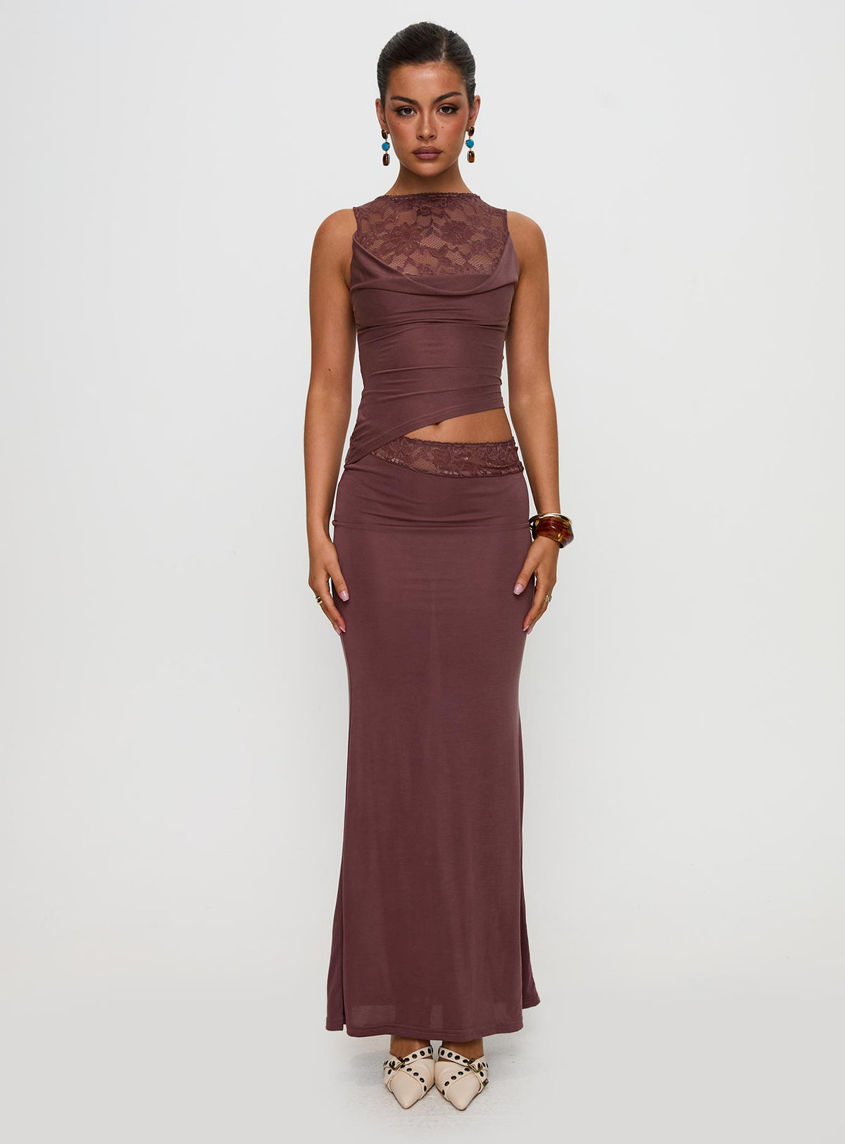 front view of model wearing Princess Polly Vesperine Lace Maxi Dress Cocoa Brown High Neck 