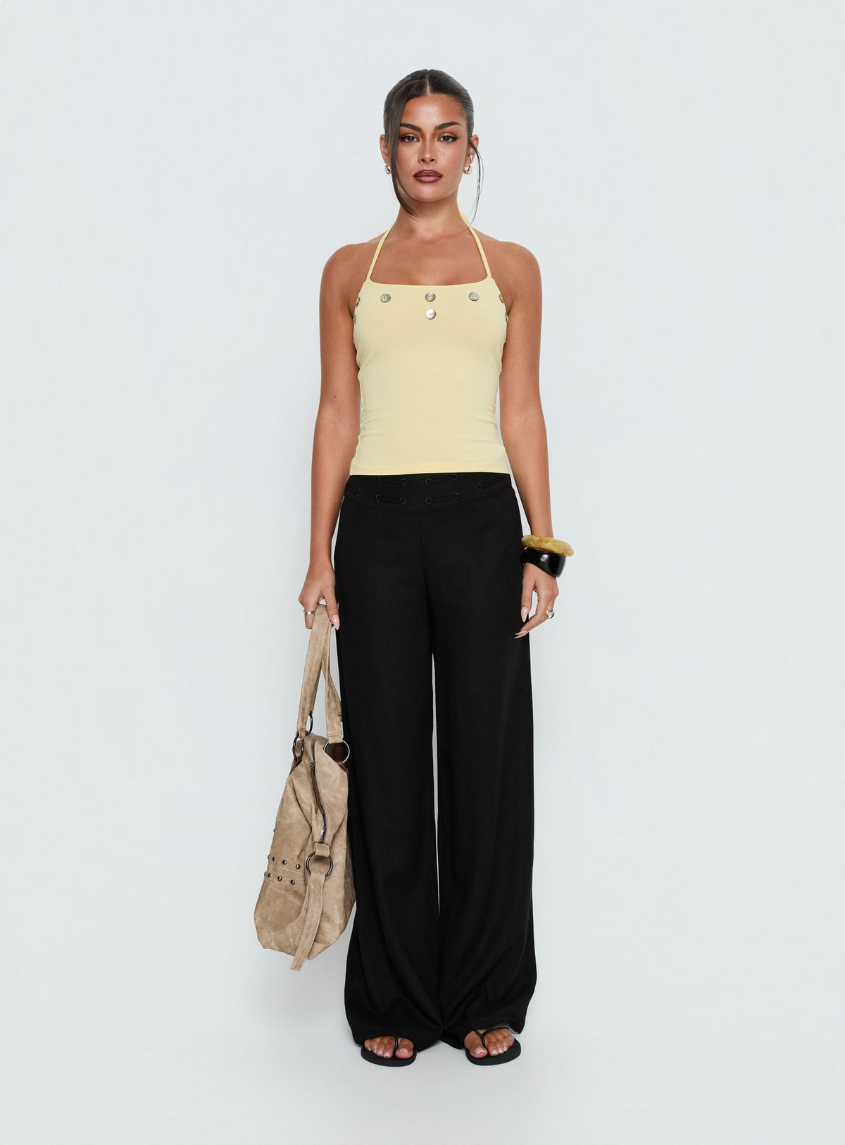 front view of model wearing Princess Polly Peroma Linen Straight Leg Pants Black High Rise Pants Pants 