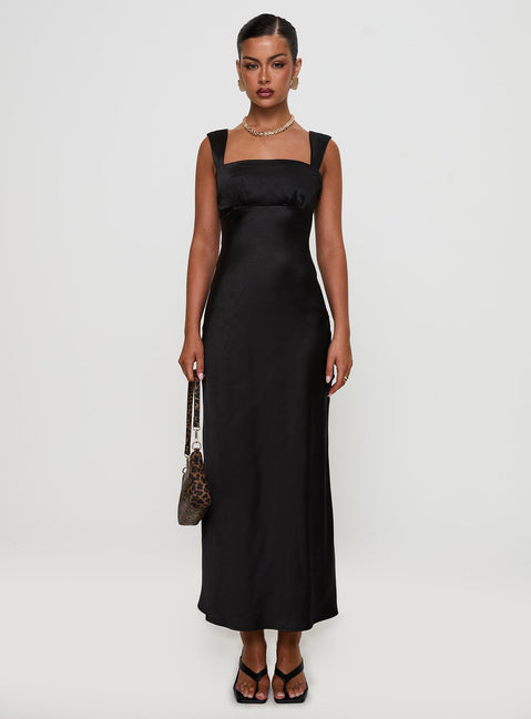front view of model wearing Princess Polly Radioactive Bias Cut Maxi Dress Black Square Neck 