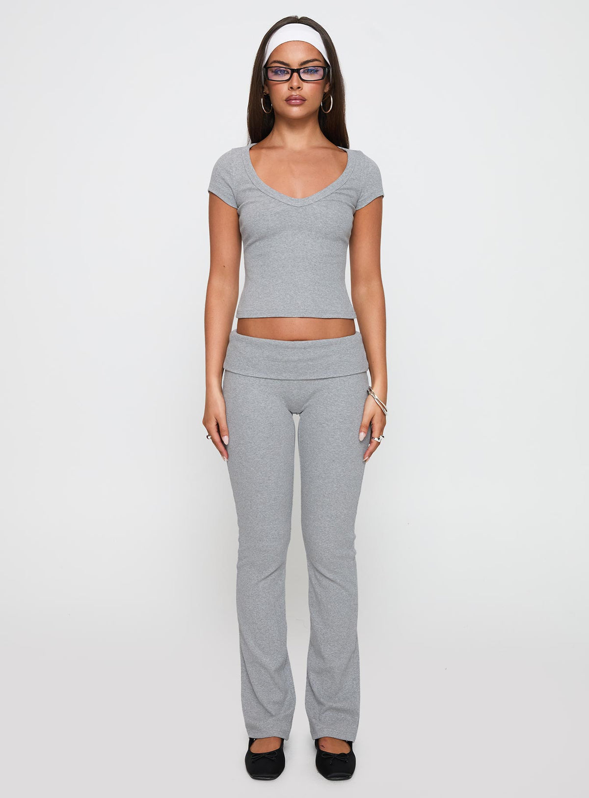 side view of model wearing Princess Polly Truth Be Told Straight Leg Pant Grey Marle Low Rise Pants Pants 