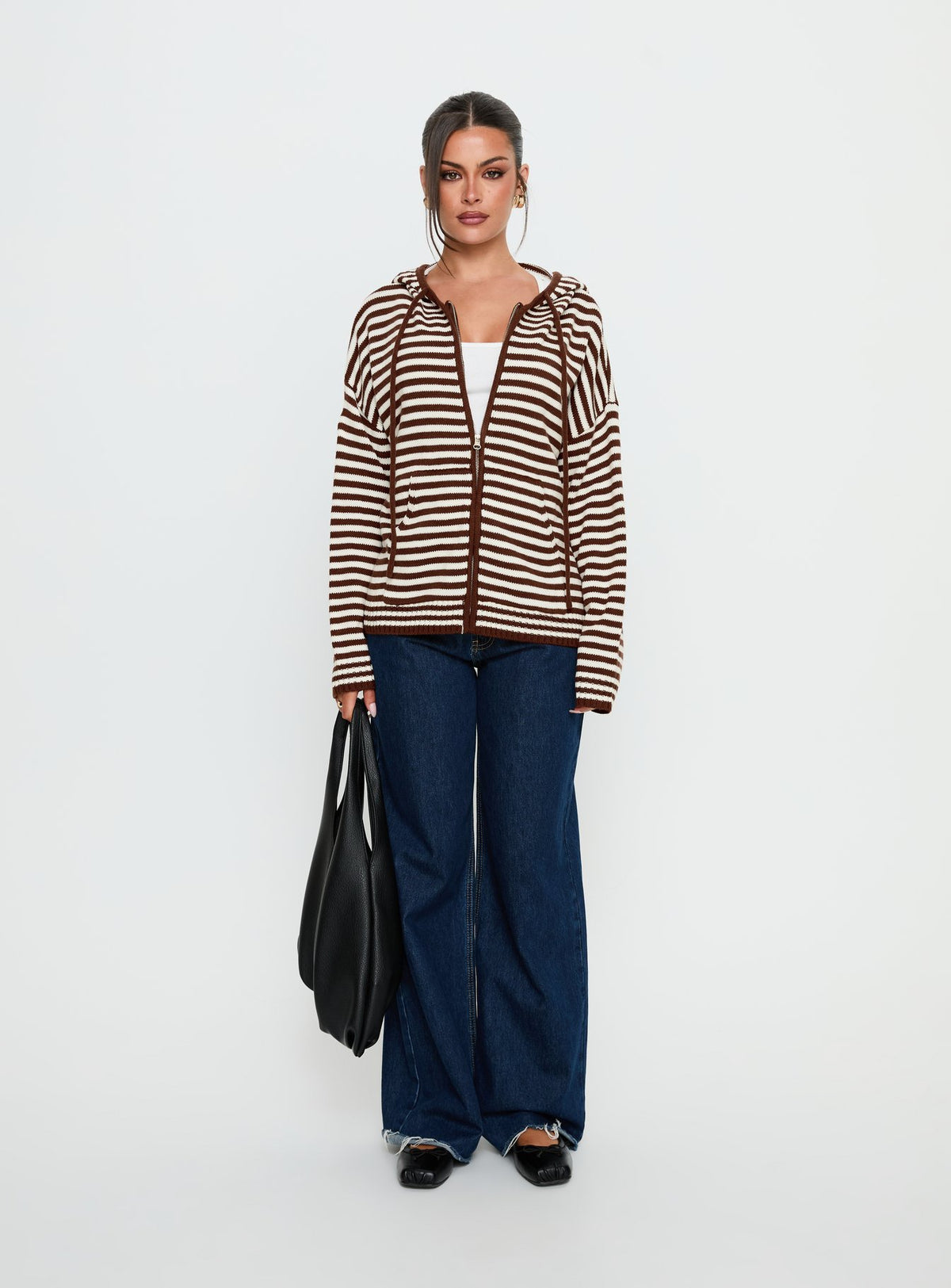 front view of model wearing Princess Polly Brienna Zip Jacket Brown Jumpers 