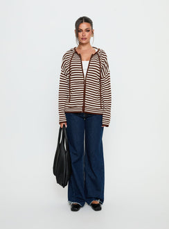 front view of model wearing Princess Polly Brienna Zip Jacket Brown Jumpers 