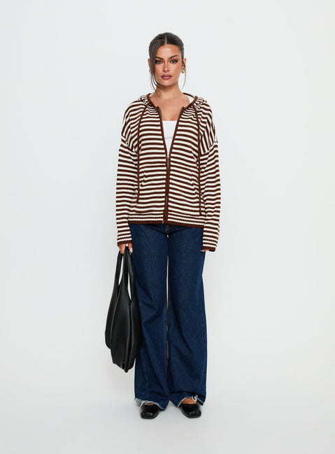 front view of model wearing Princess Polly Brienna Zip Jacket Brown Jumpers 