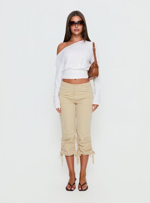 front view of model wearing Princess Polly Hot Rod Capri Pant Beige Mid Rise Pants Pants 