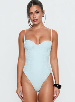 front view of model wearing Princess Polly Alorah Textured Bodysuit Blue Sleeveless Bodysuit 