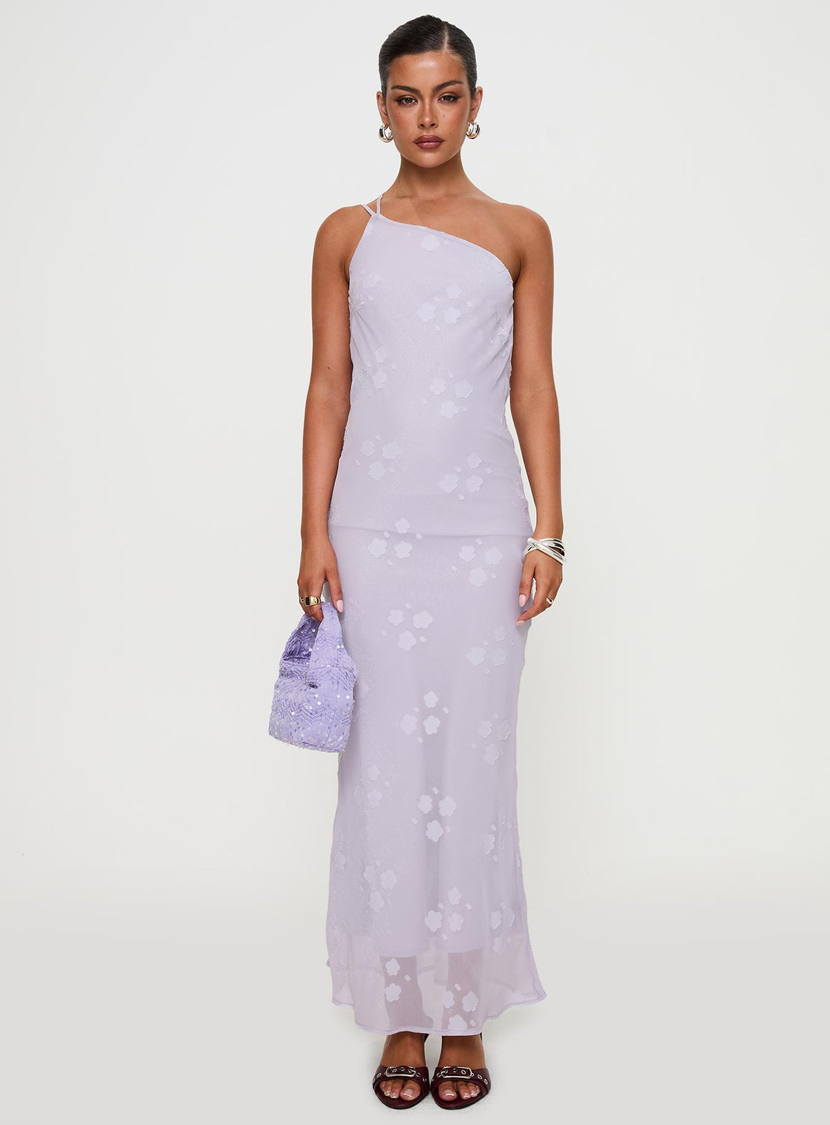 front view of model wearing Princess Polly Jazmira One Shoulder Maxi Dress Lilac Asymmetric Neckline 