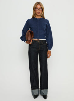 front view of model wearing Princess Polly Amandi Zip Through Knit Jumper Navy / Cream Cropped Jumpers Jumpers 