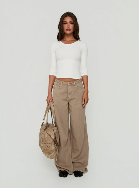 Featuring Maryjo Mid Rise Super Baggy Jeans Washed Brown in womens-jeans with mid-rise waist detail Princess Polly