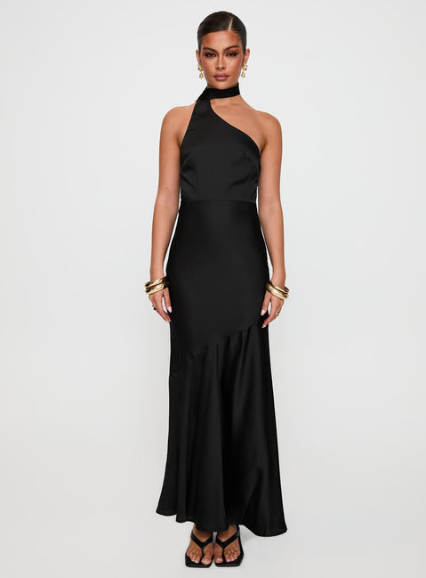 front view of model wearing Princess Polly Elixaire Scarf Maxi Dress Black Asymmetric Neckline 