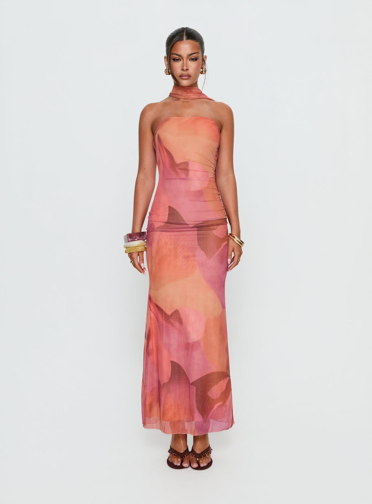Davynn Scarf Detail Strapless Maxi Dress Pink Multi