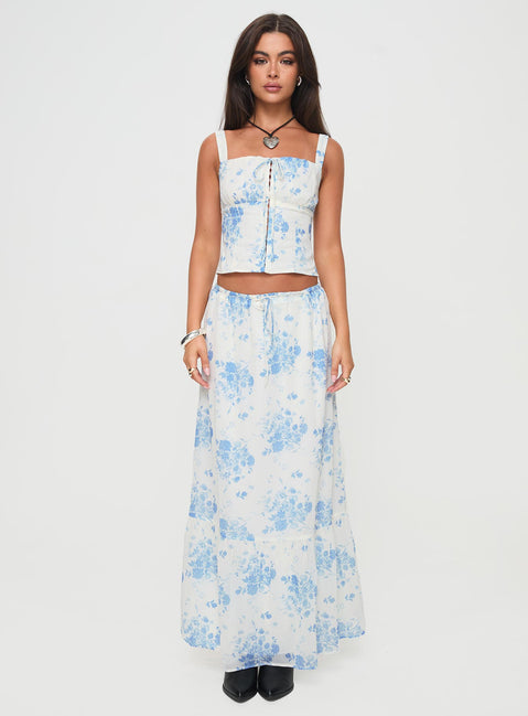   front view of model wearing Princess Polly Modern Girl Maxi Skirt White / Blue Floral Maxi Skirts Skirts 