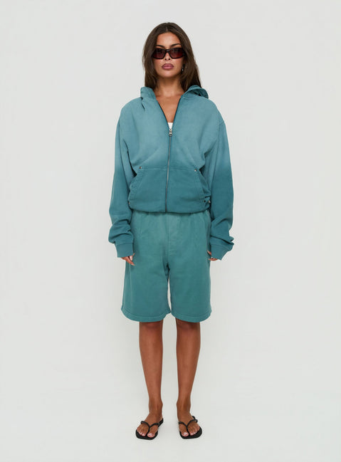 Featuring the AT Zip Through Oversized Hoodie in Washed Teal womens-jumpers with short length front view of model wearing Princess Polly