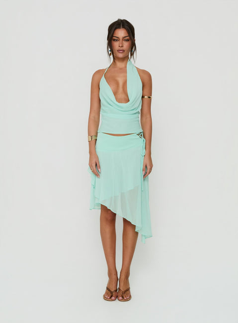 Showcasing the Evaleine Asymmetrical Chiffon Midi Skirt Blue womens-skirts with midi length front view of model wearing Princess Polly