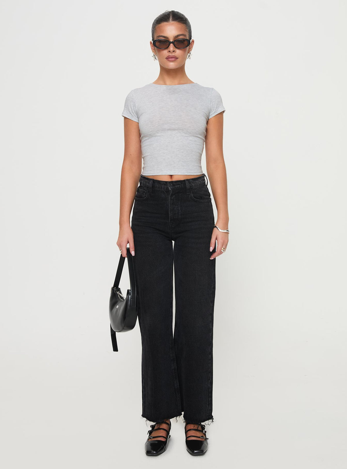 back view of model wearing Princess Polly Fawcett High Rise Straight Leg Jeans Washed Black High Rise Jeans Jeans 