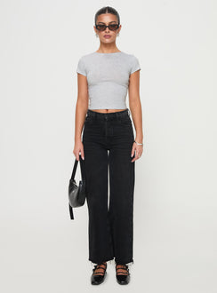 back view of model wearing Princess Polly Fawcett High Rise Straight Leg Jeans Washed Black High Rise Jeans Jeans 