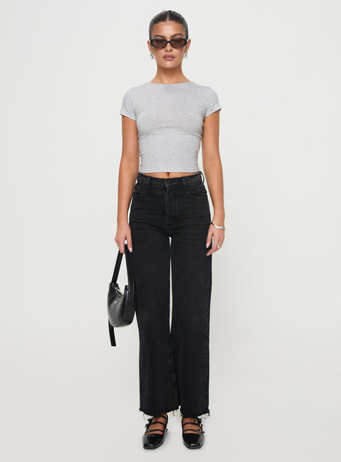 back view of model wearing Princess Polly Fawcett High Rise Straight Leg Jeans Washed Black High Rise Jeans Jeans 