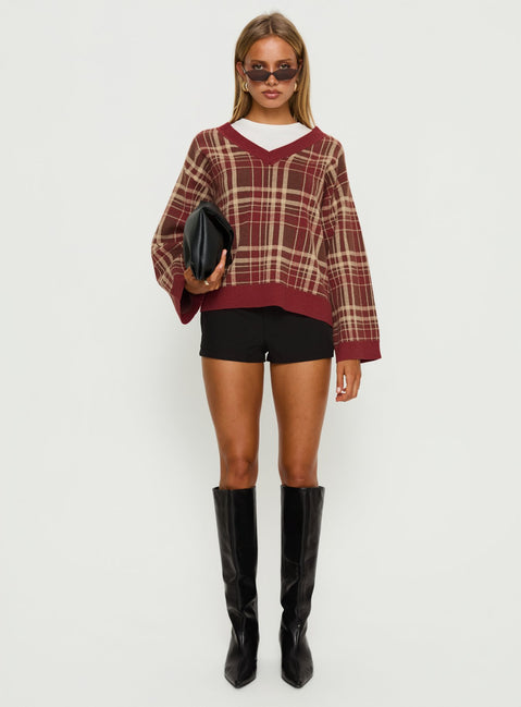 front view of model wearing Princess Polly Sydda V Neck Knit Sweater Red Plaid Cropped Jumpers Jumpers 