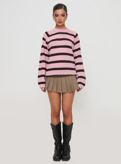 front view of model wearing Princess Polly Jacquette Knit Sweater Pink / Brown Longline Jumpers Jumpers 