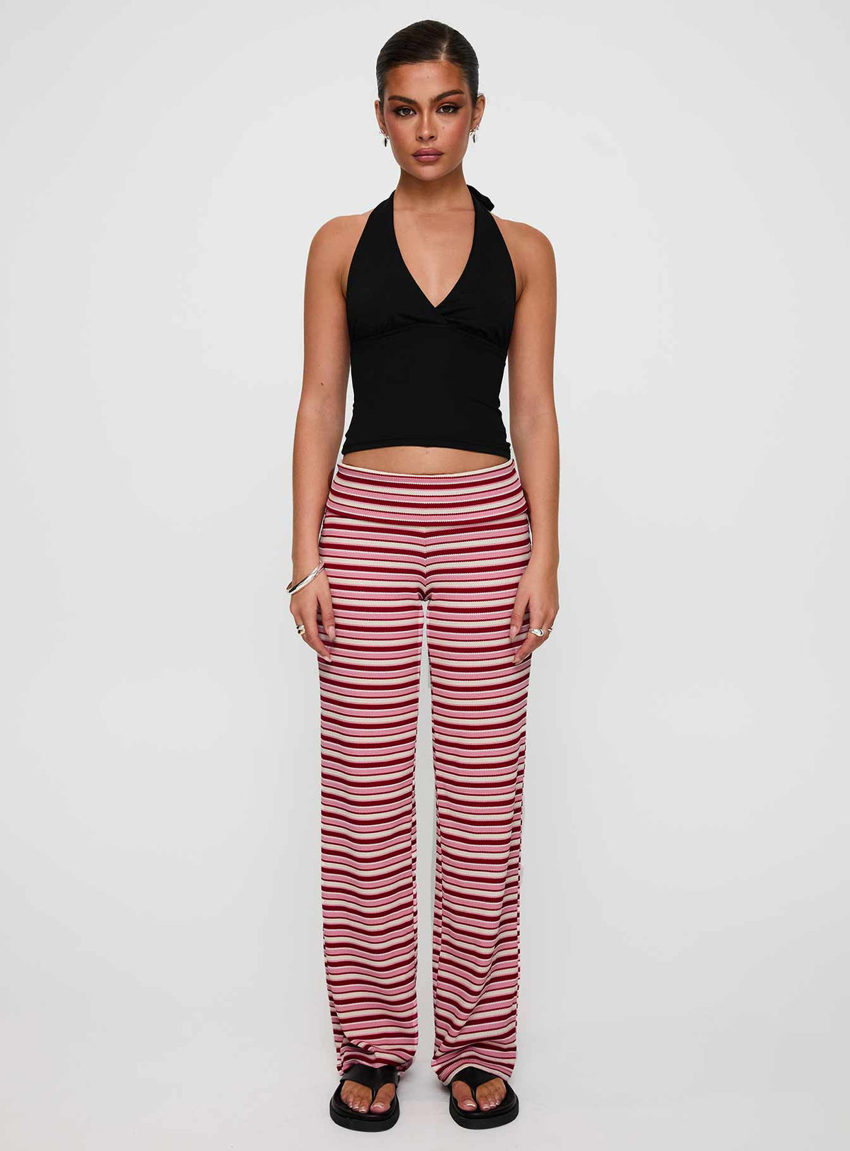 front view of model wearing Princess Polly Dreamgirl Folded Pant Pink Multi Mid Rise Pants Pants 