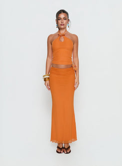   front view of model wearing Princess Polly Star Fruit Ruched Waist Maxi Skirt Orange Maxi Skirts Skirts 