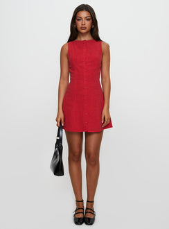 front view of model wearing Princess Polly Dollie Linen Mini Dress Red Crew Neck 