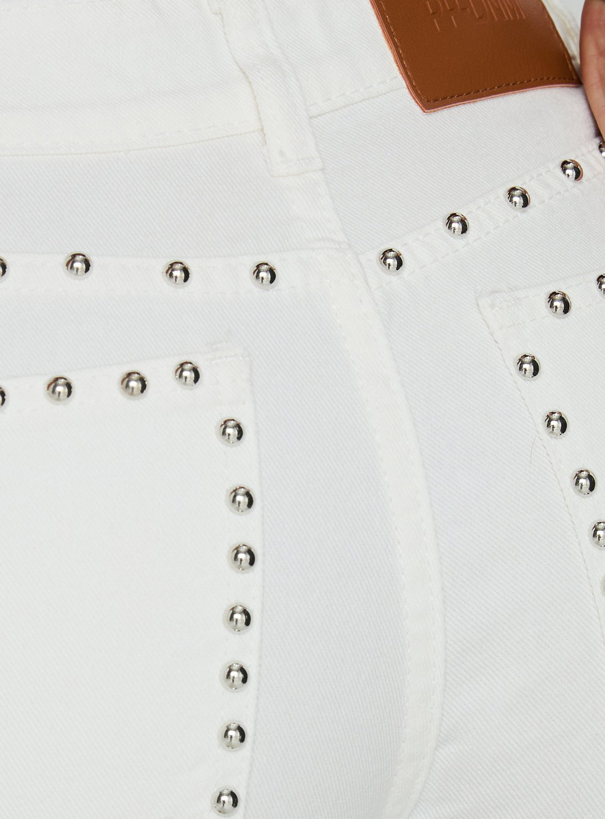 Highlighting the Saving Up Mid Rise Straight Leg Studded Jeans White in womens-jeans with silver stud button and belt closure Princess Polly