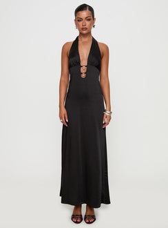 front view of model wearing Princess Polly Fortress Maxi Dress Black Plunger 
