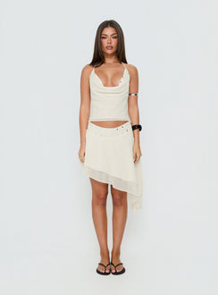 Presenting the Gemmina Asymmetrical Chiffon Mini Skirt Cream womens-skirts in relaxed fit with mini length Princess Polly