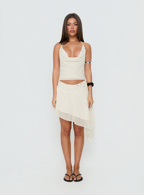 Presenting the Gemmina Asymmetrical Chiffon Mini Skirt Cream womens-skirts in relaxed fit with mini length Princess Polly